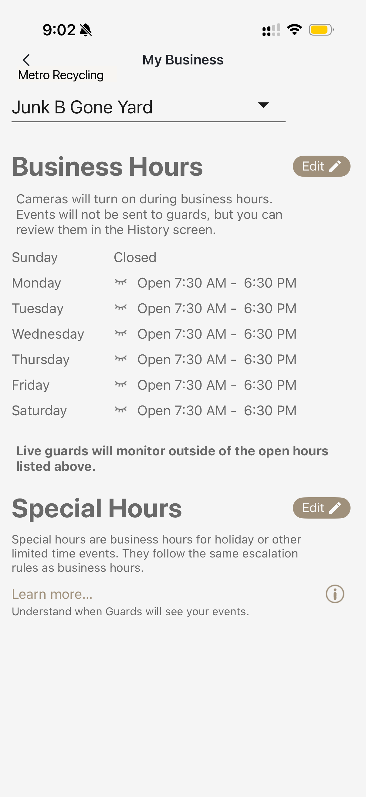 Business Hours settings