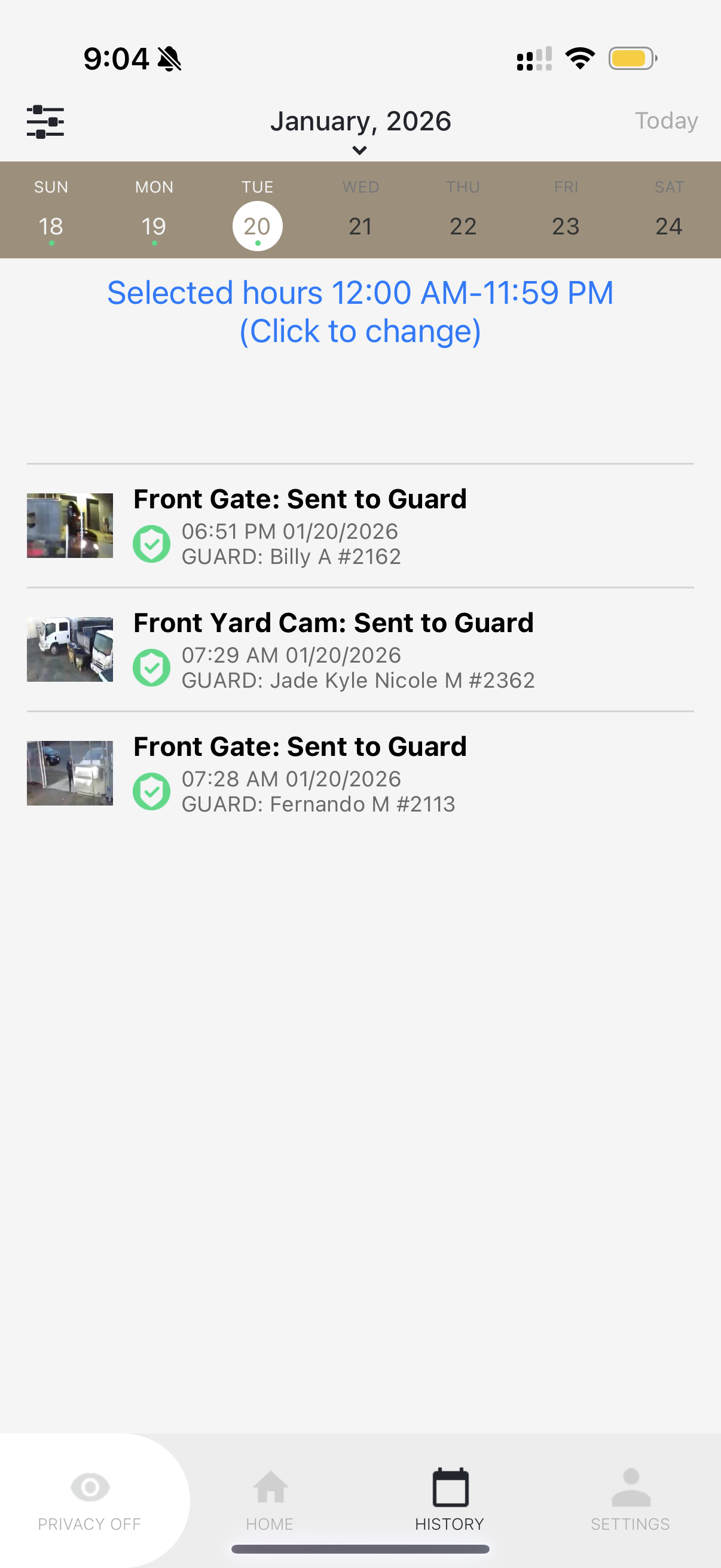Event History screen